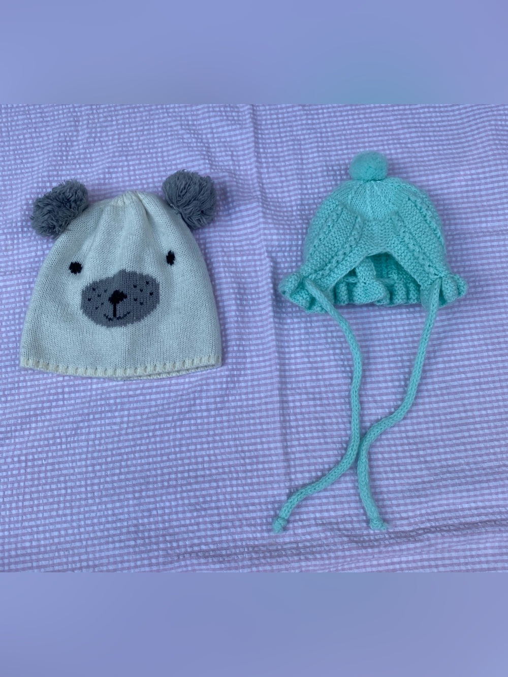 Cute Baby Knit Bear Beanie & Mint Pom Pom Hat